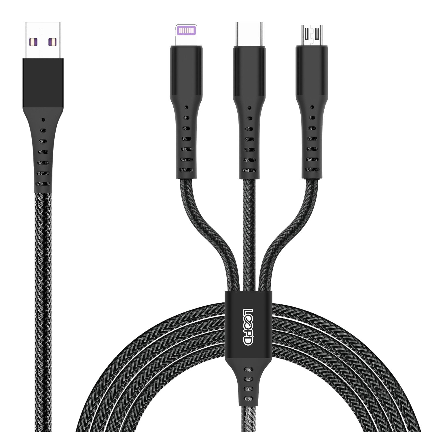 LOOPD LITE 1.2m 3-in-1 Multi Cable - USB to Lightning, Micro USB and Type C (Black)