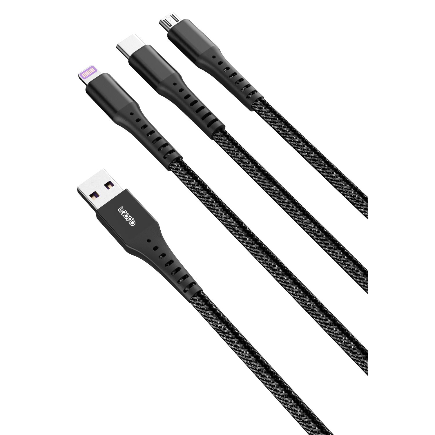 LOOPD LITE 1.2m 3-in-1 Multi Cable - USB to Lightning, Micro USB and Type C (Black) - Image 2